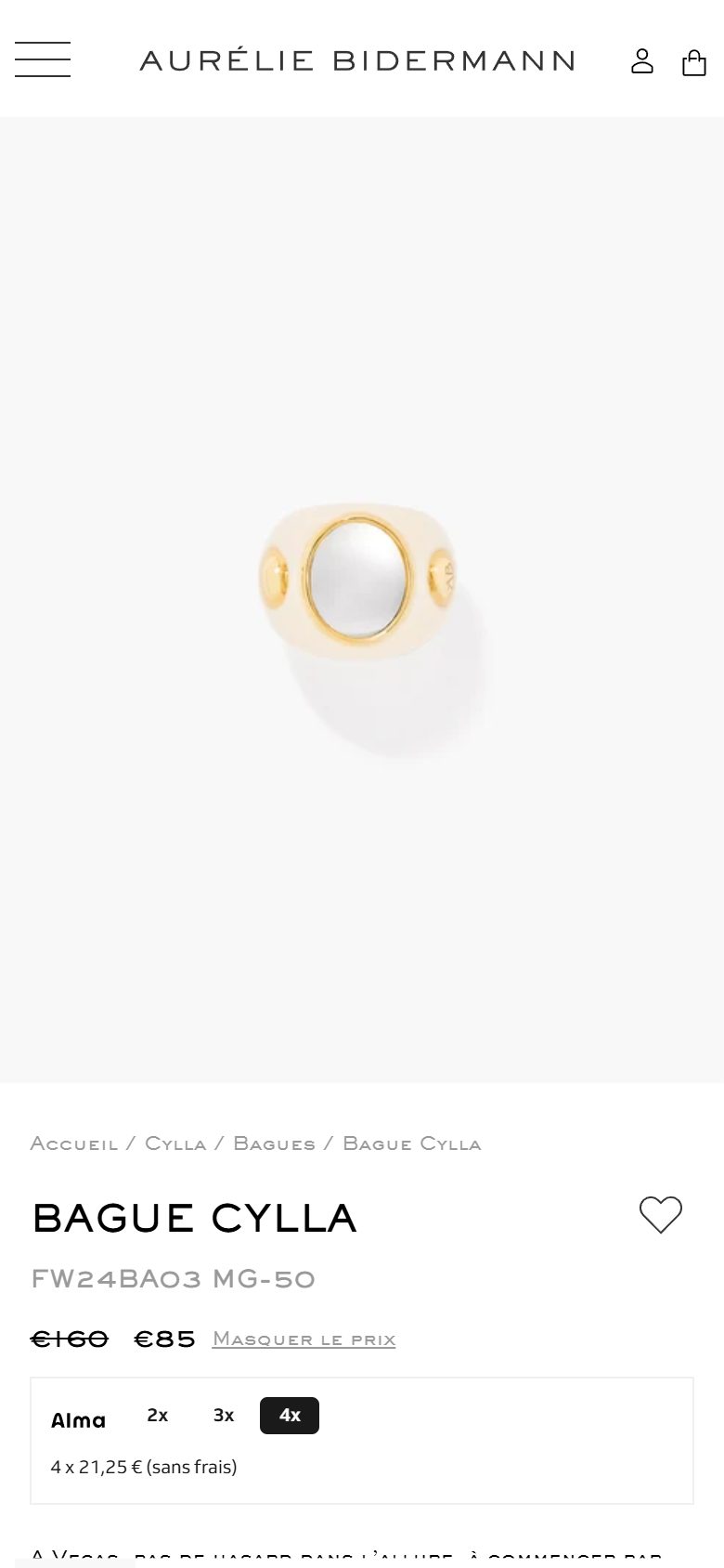 Aurelie Bidermann product page on mobile, Shopify luxury jewelry storefront captured at 390 x 844