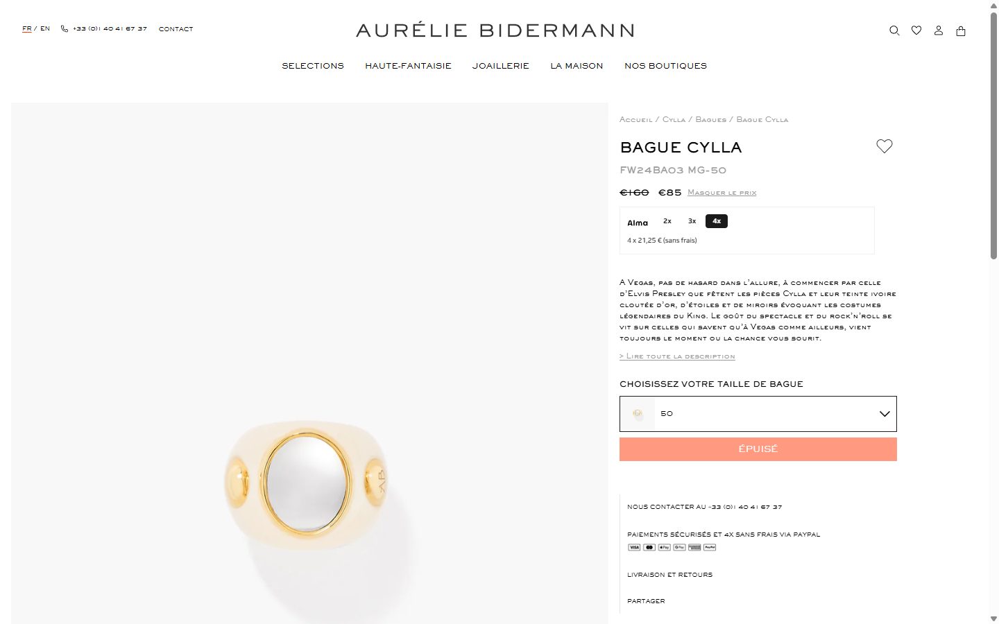 Aurelie Bidermann product page on desktop, Shopify luxury jewelry storefront captured at 1440 x 900