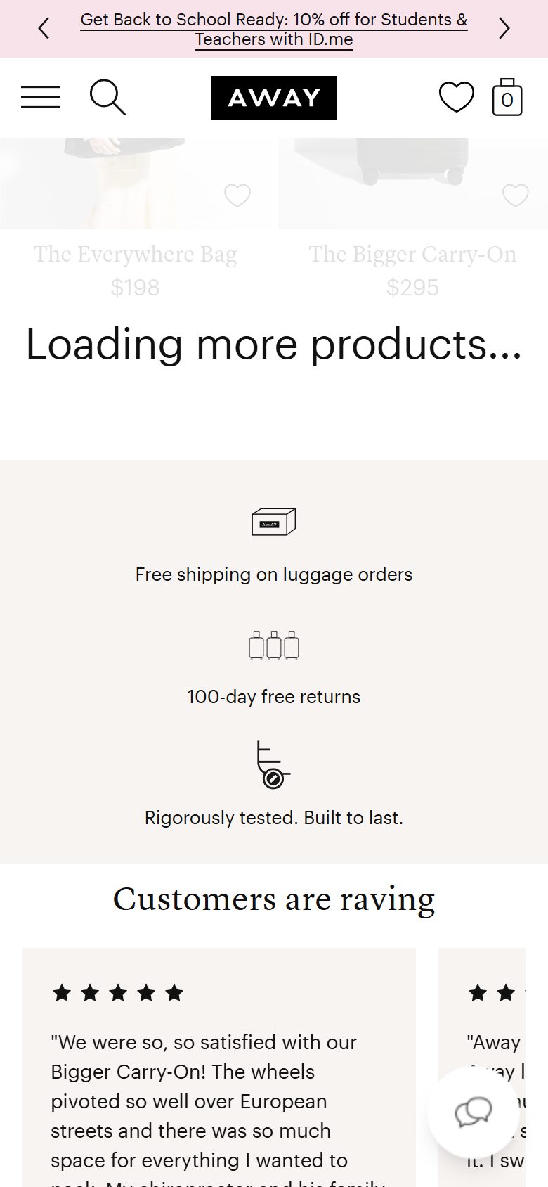 Away collection: all product (internal only) on mobile, Shopify luxury luggage storefront captured at 390 x 844