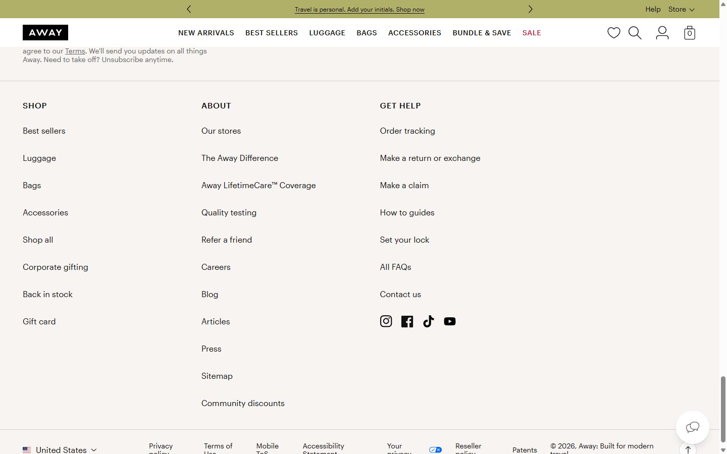 Away collection: all product (internal only) on desktop, Shopify luxury luggage storefront captured at 1440 x 900
