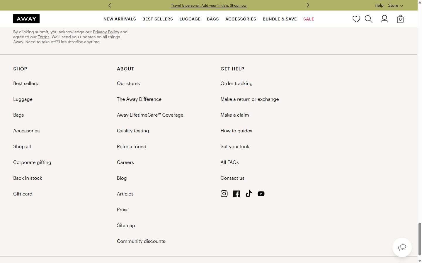 Away homepage on desktop, Shopify luxury luggage storefront captured at 1440 x 900