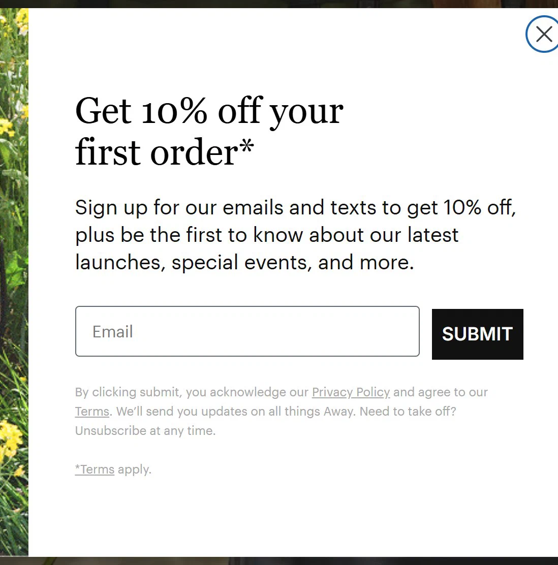 Away email sign up popup, centred centre, offering 10% off