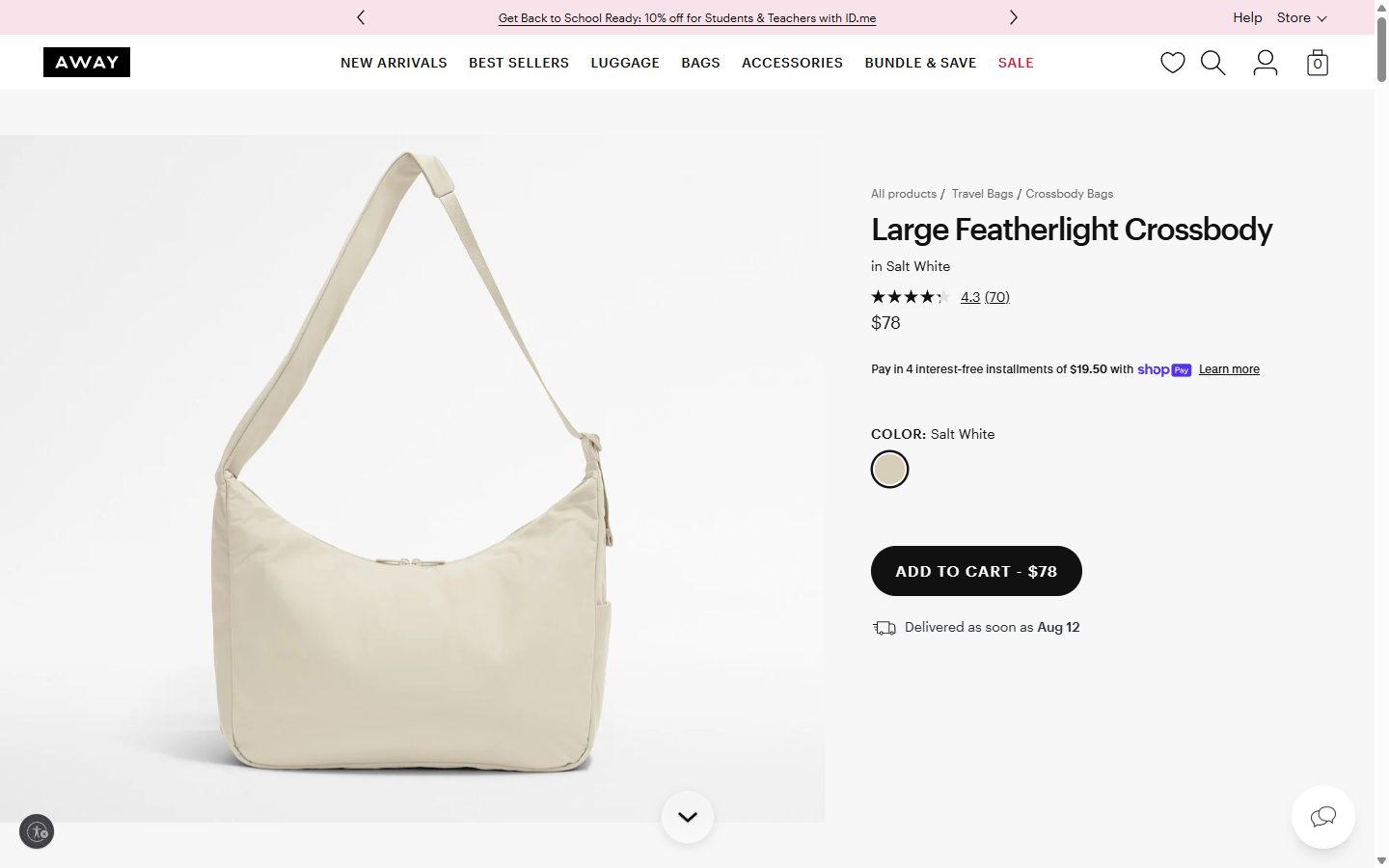 Away product page on desktop, Shopify luxury luggage storefront captured at 1440 x 900