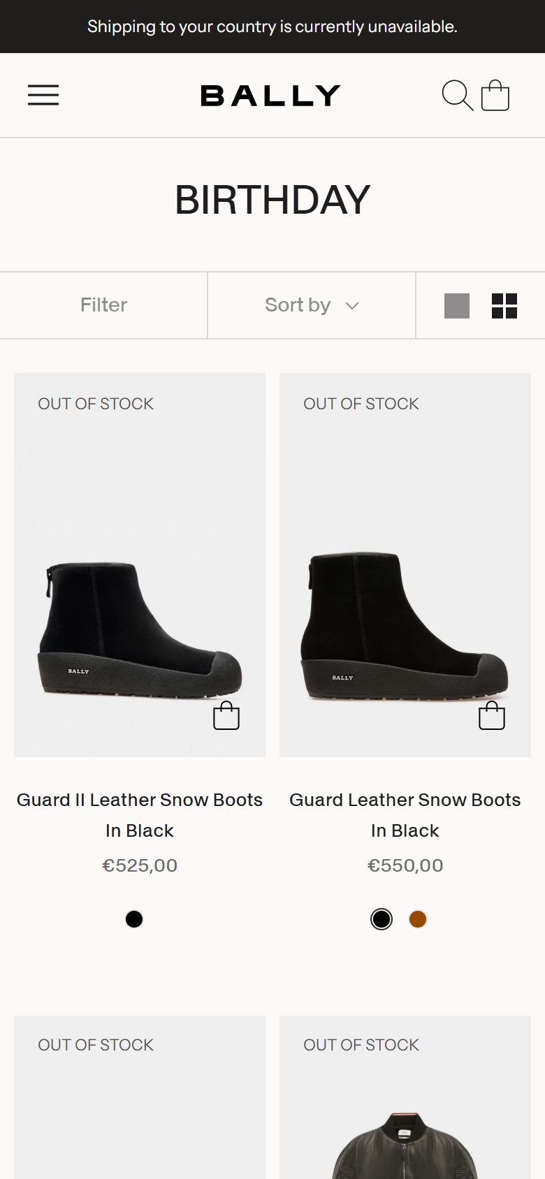 Bally collection: birthday on mobile, not disclosed luxury fashion storefront captured at 390 x 844