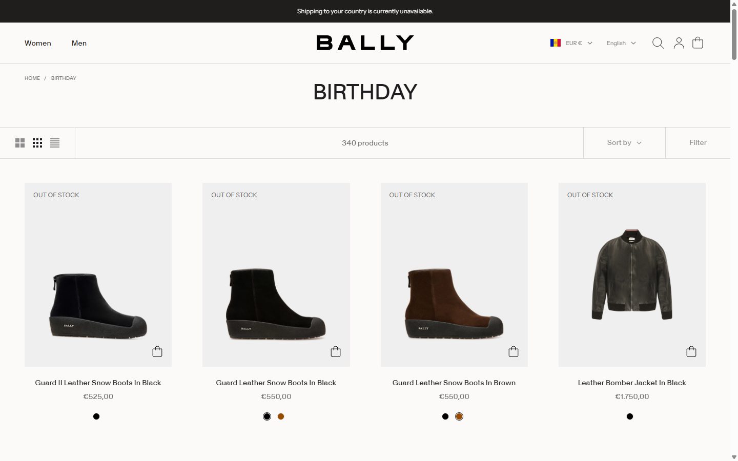 Bally collection: birthday on desktop, not disclosed luxury fashion storefront captured at 1440 x 900