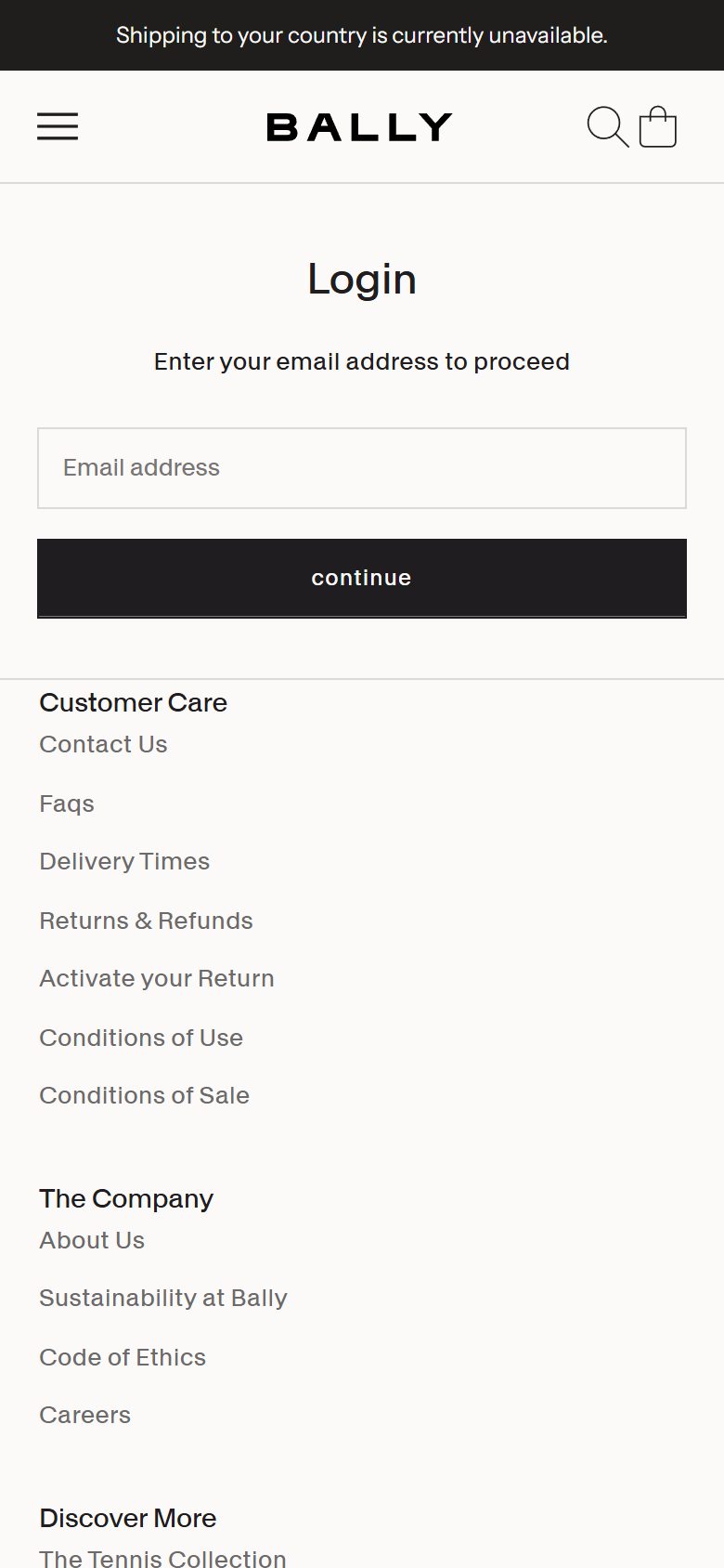 Bally product page on mobile, not disclosed luxury fashion storefront captured at 390 x 844