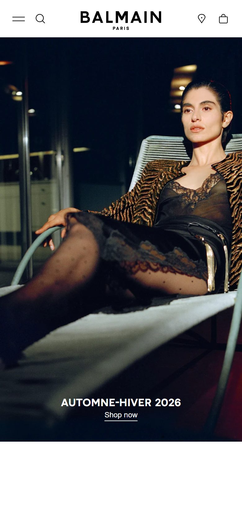 Balmain homepage on mobile, Shopify luxury fashion storefront captured at 390 x 844
