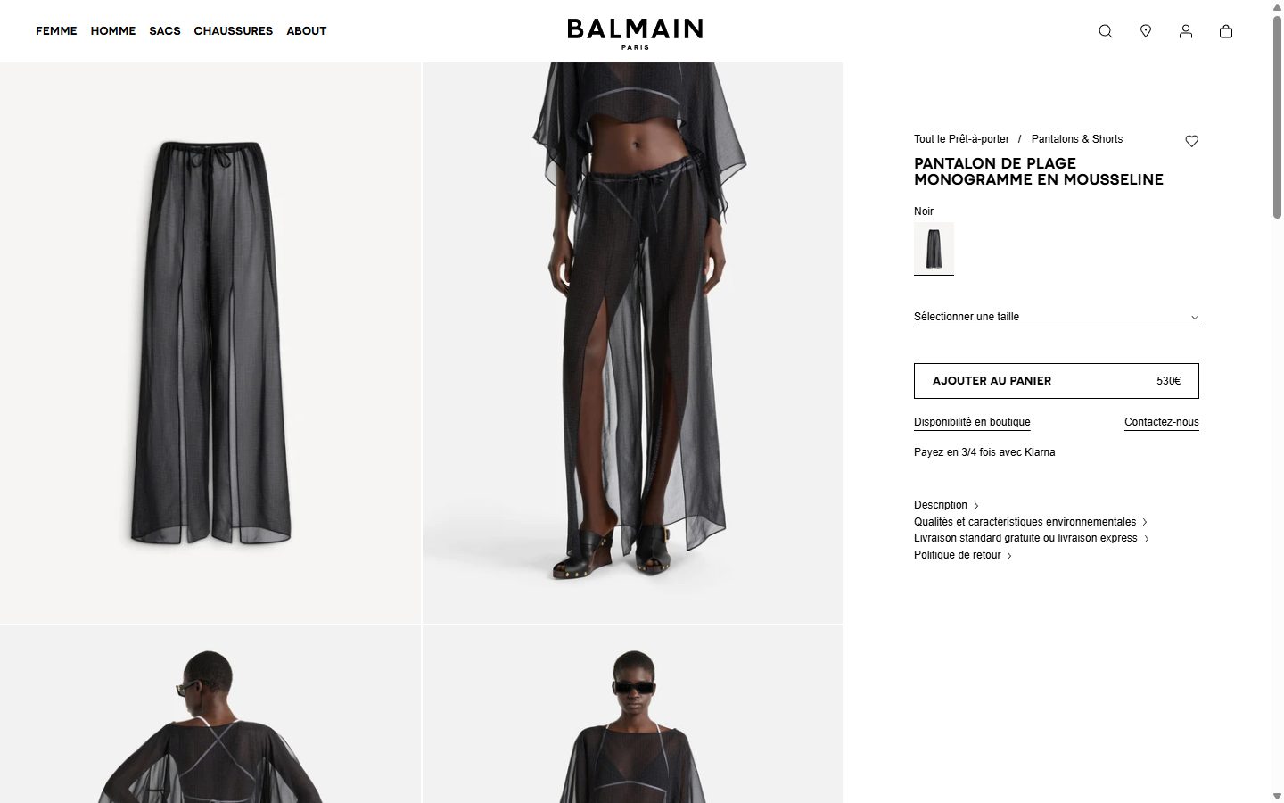 Balmain product page on desktop, Shopify luxury fashion storefront captured at 1440 x 900