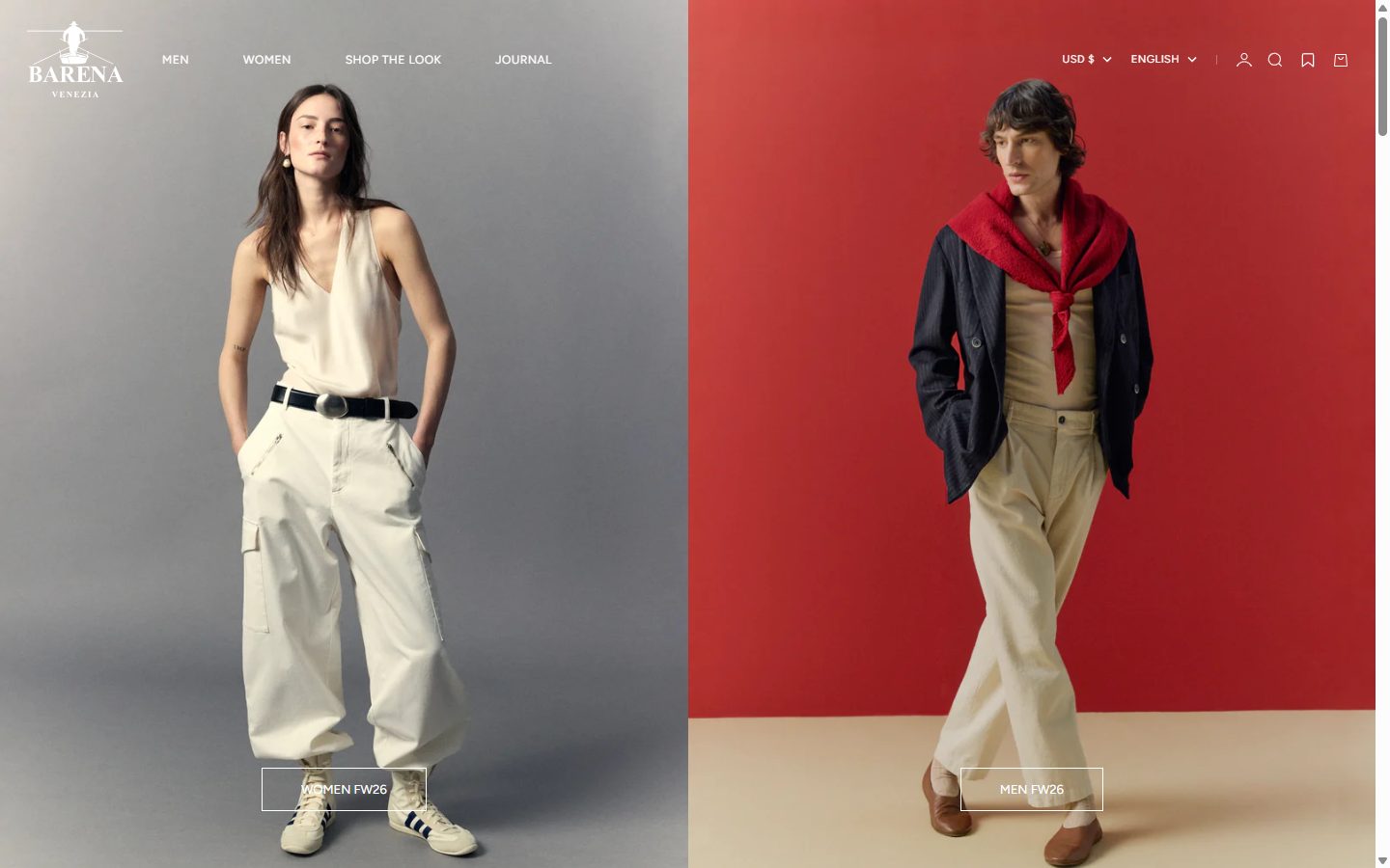 Barena Venezia homepage on desktop, Shopify luxury fashion storefront captured at 1440 x 900