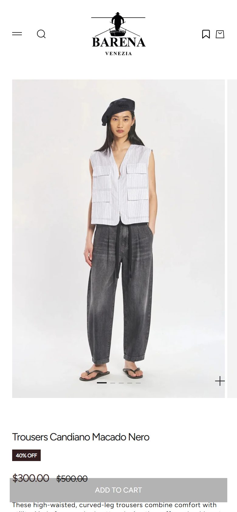 Barena Venezia product page on mobile, Shopify luxury fashion storefront captured at 390 x 844