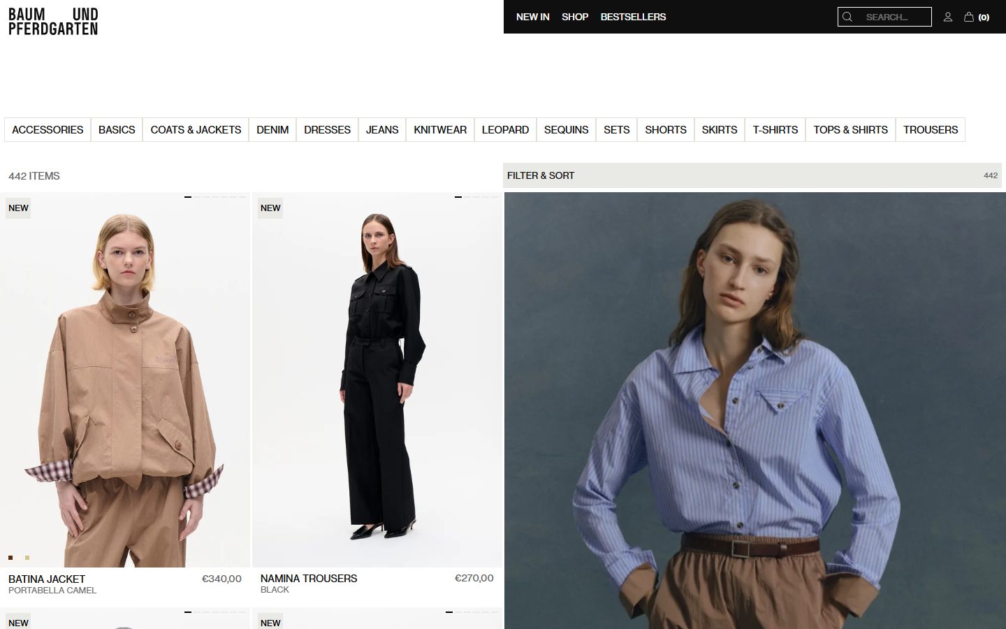 Baum und Pferdgarten collection: all styles on desktop, Shopify luxury fashion storefront captured at 1440 x 900