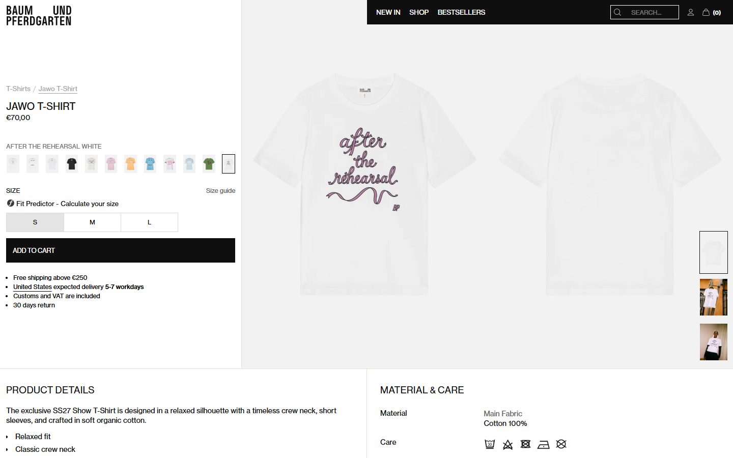Baum und Pferdgarten product page on desktop, Shopify luxury fashion storefront captured at 1440 x 900
