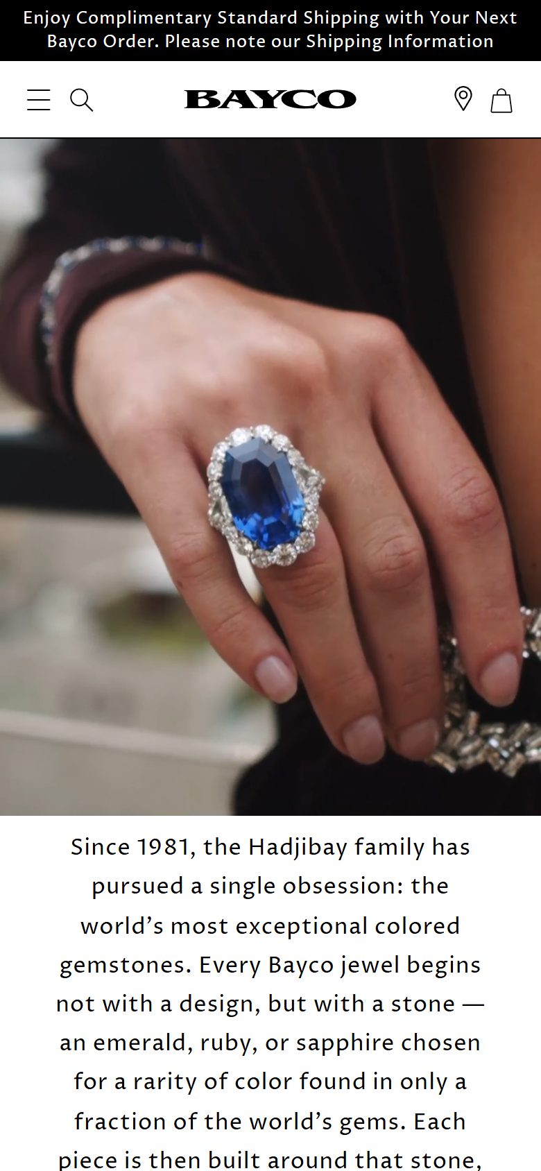 Bayco homepage on mobile, Shopify luxury jewelry storefront captured at 390 x 844
