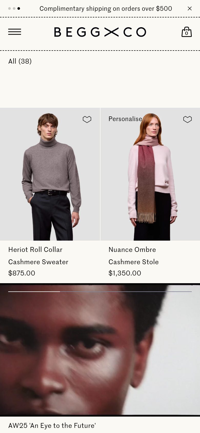 Begg x Co collection: aw25 on mobile, Shopify luxury fashion storefront captured at 390 x 844