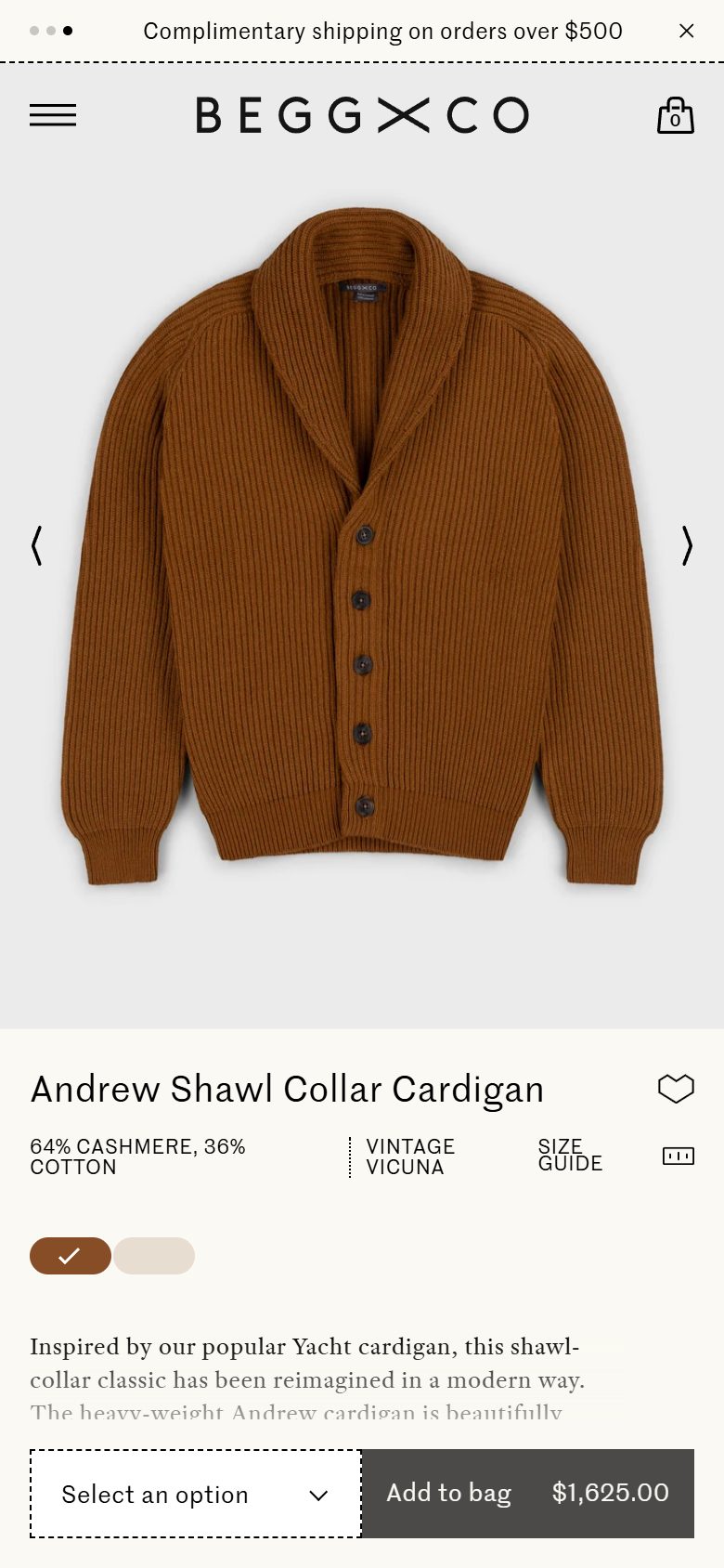Begg x Co product page on mobile, Shopify luxury fashion storefront captured at 390 x 844
