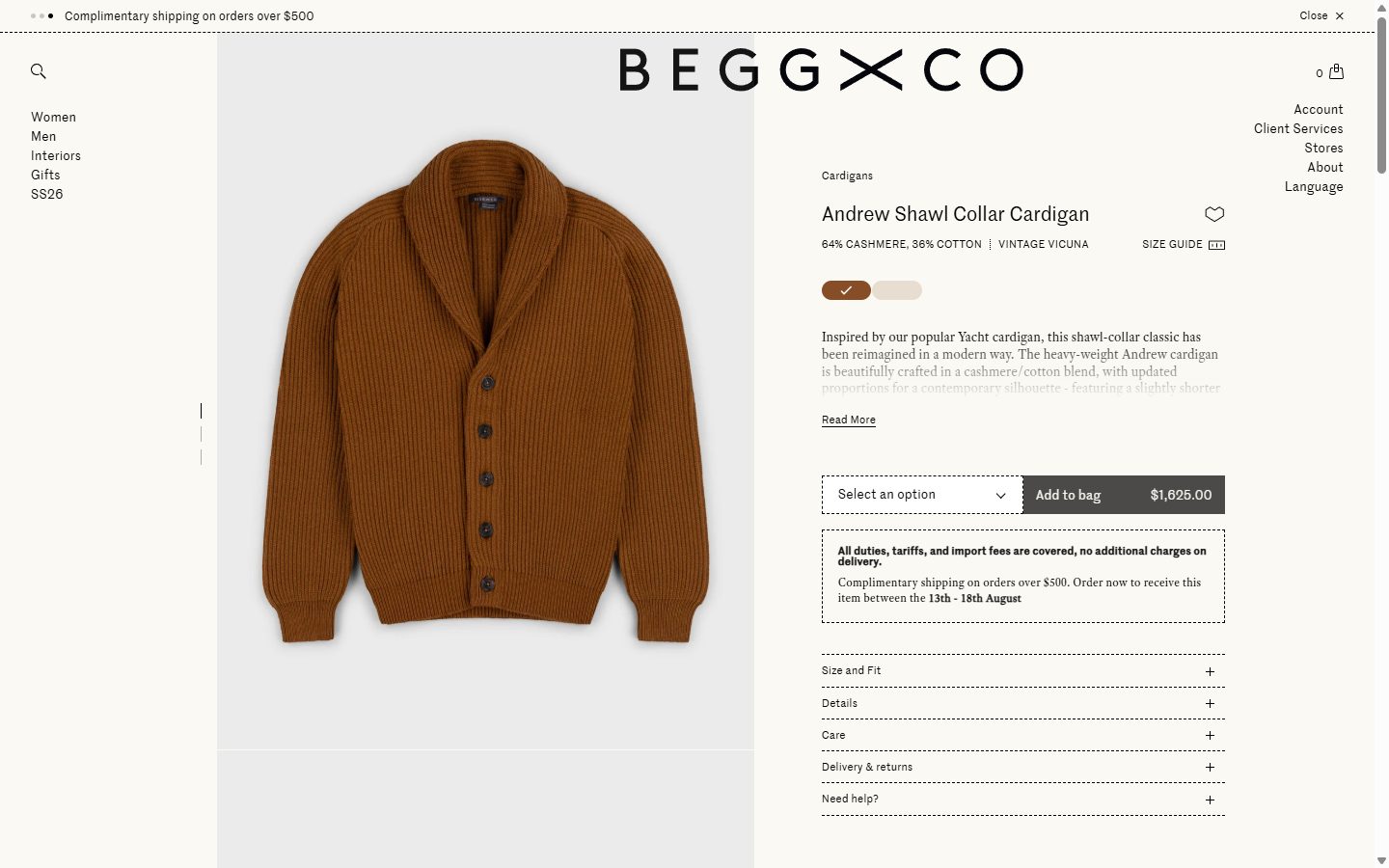 Begg x Co product page on desktop, Shopify luxury fashion storefront captured at 1440 x 900