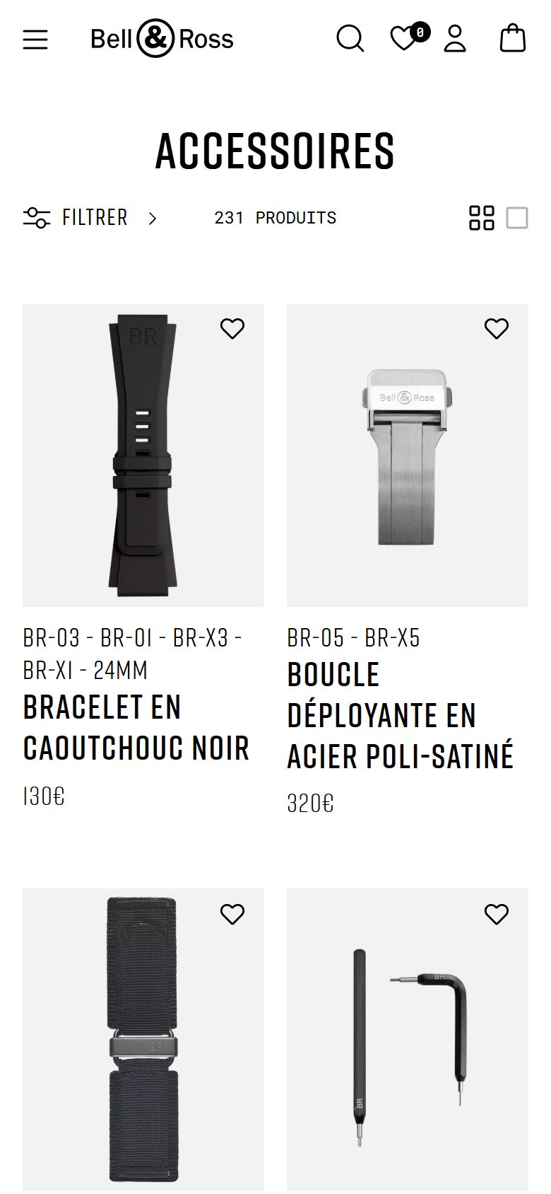 Bell & Ross collection: accessoires on mobile, not disclosed luxury watches storefront captured at 390 x 844