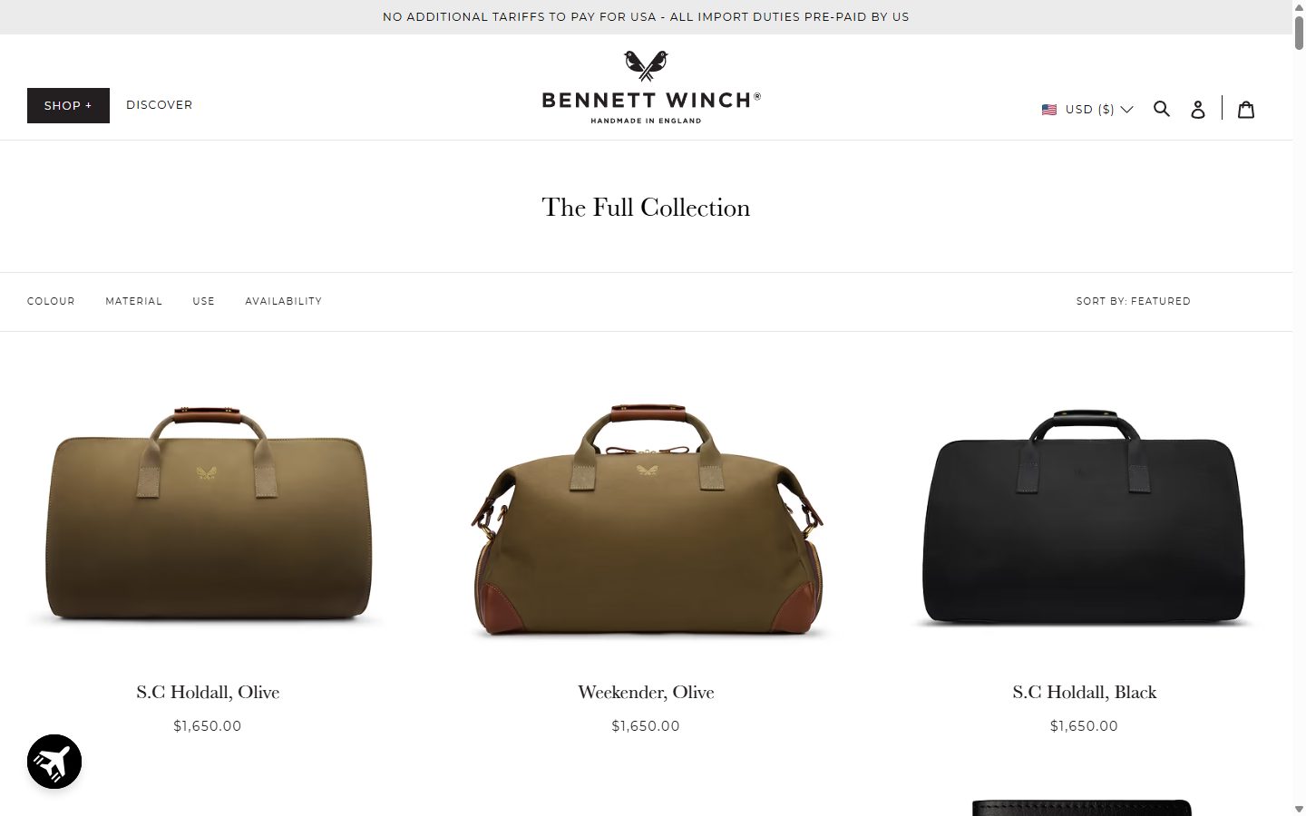 Bennett Winch collection: the full collection on desktop, Shopify luxury leather goods storefront captured at 1440 x 900