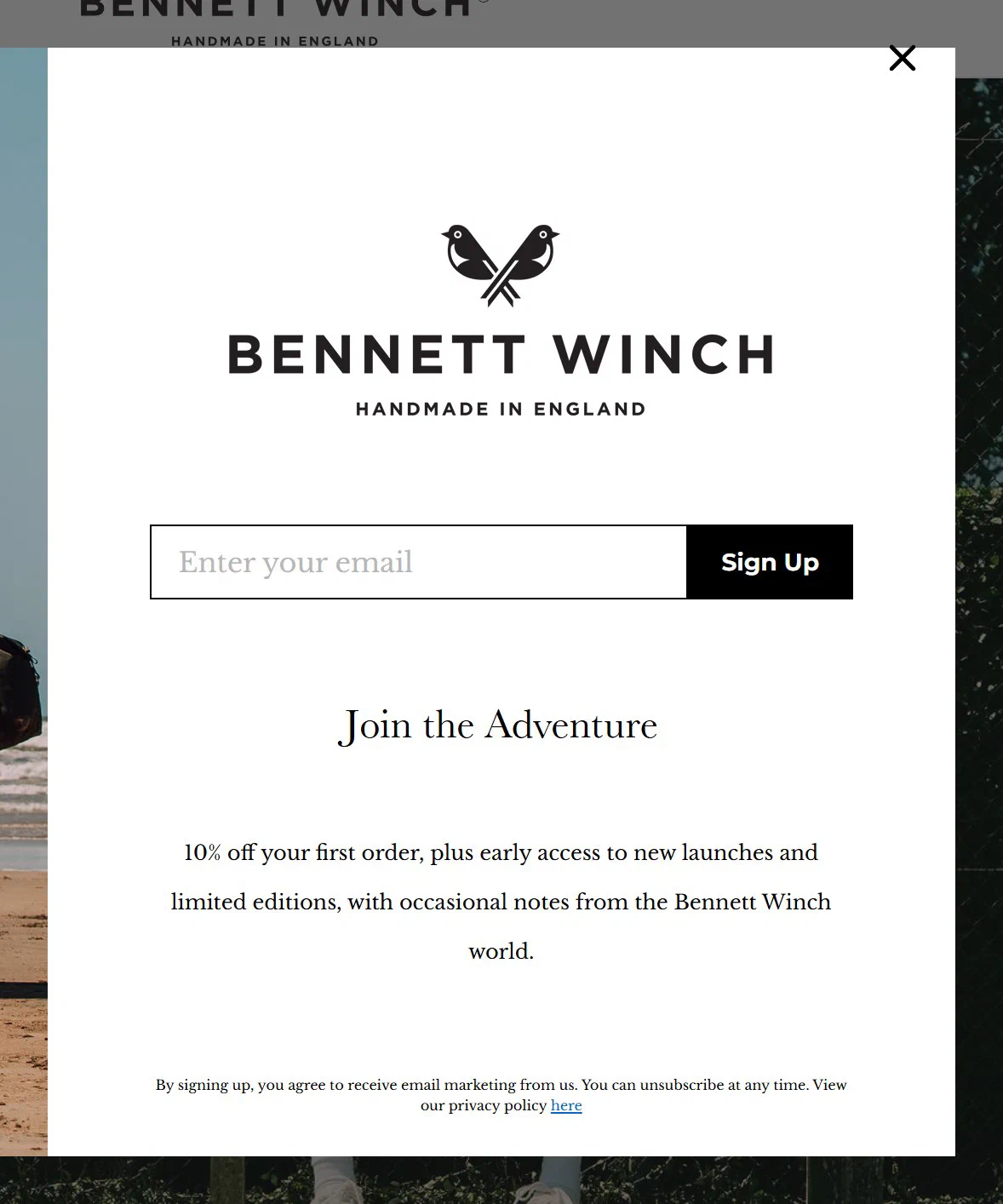 Bennett Winch email sign up popup, centred centre, offering 10% off