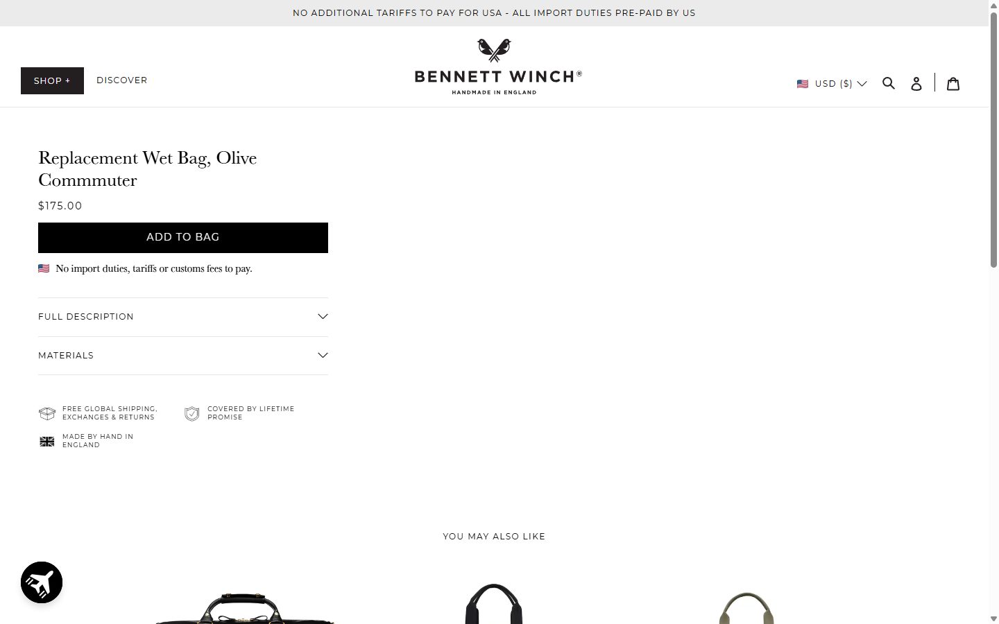 Bennett Winch product page on desktop, Shopify luxury leather goods storefront captured at 1440 x 900
