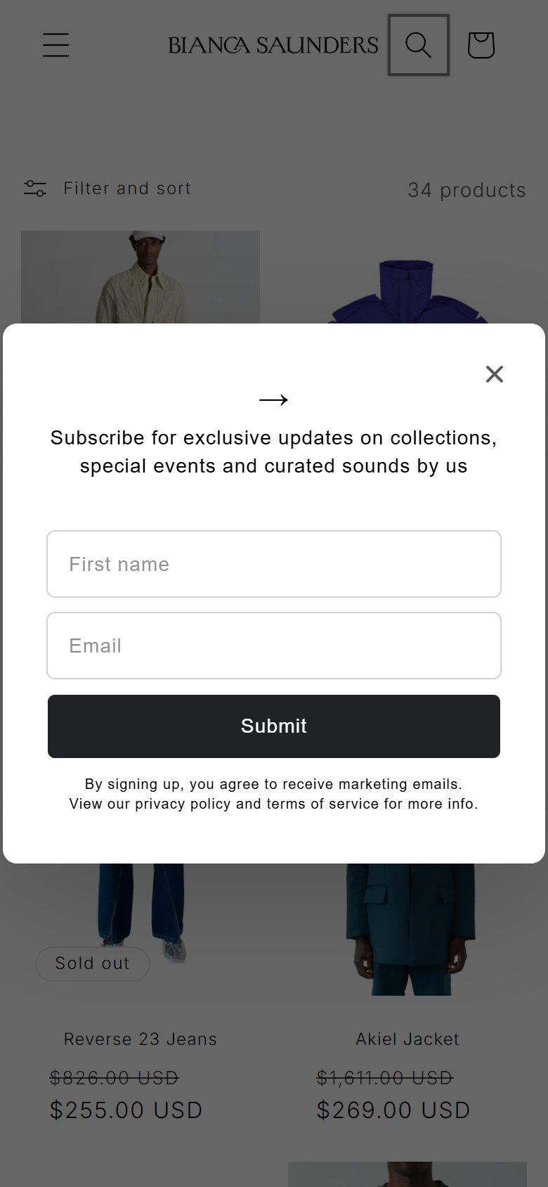 Bianca Saunders collection: sale on mobile, Shopify luxury fashion storefront captured at 390 x 844