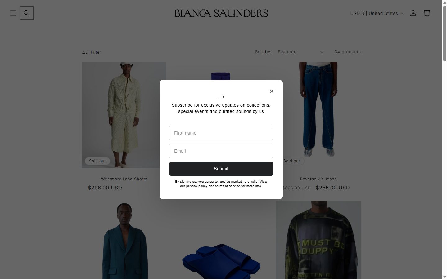 Bianca Saunders collection: sale on desktop, Shopify luxury fashion storefront captured at 1440 x 900