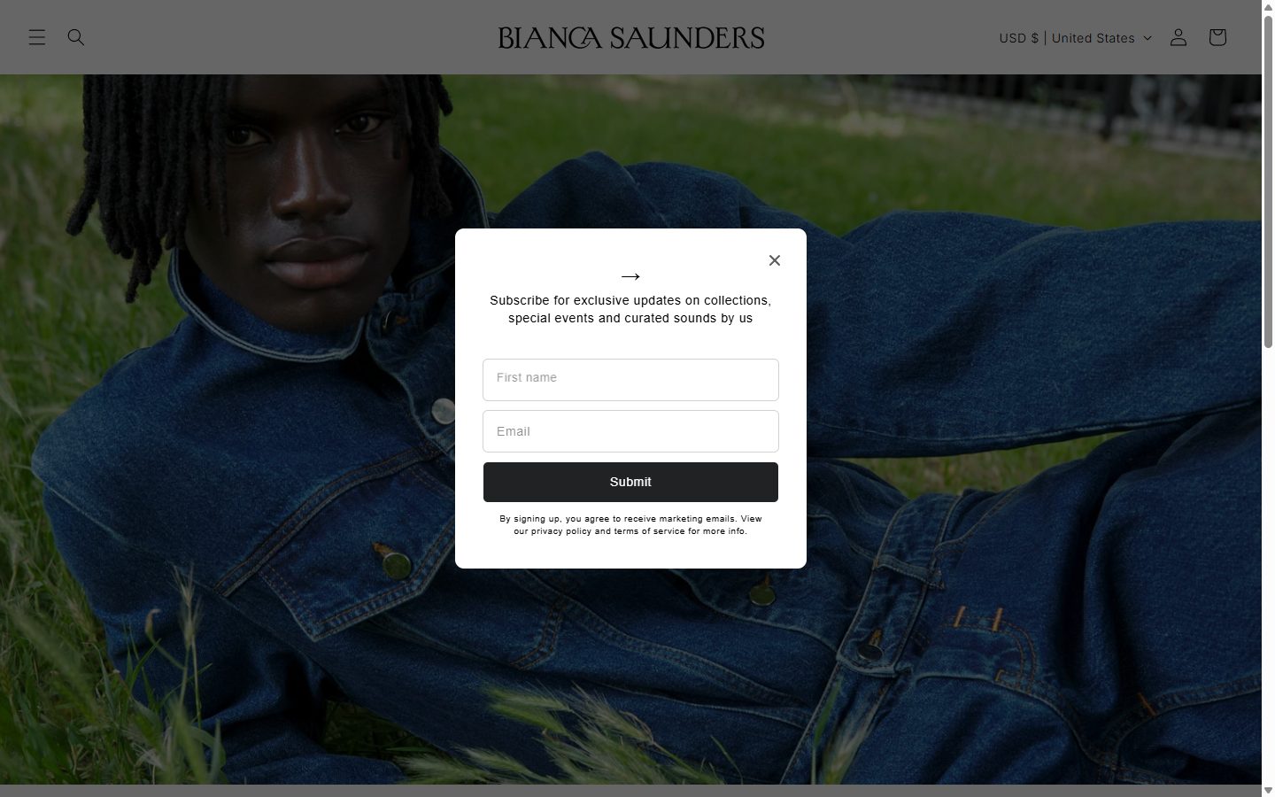 Bianca Saunders homepage on desktop, Shopify luxury fashion storefront captured at 1440 x 900