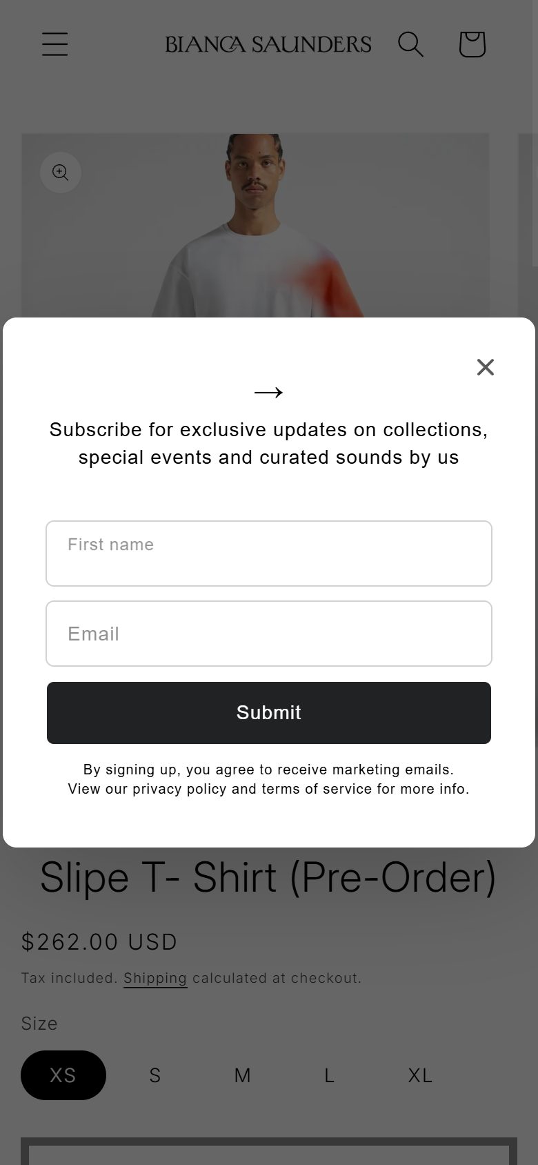 Bianca Saunders product page on mobile, Shopify luxury fashion storefront captured at 390 x 844