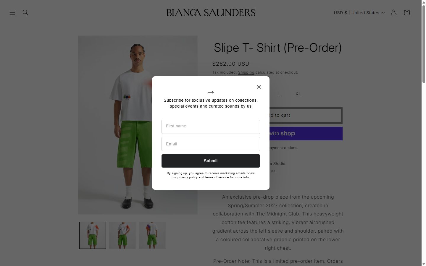 Bianca Saunders product page on desktop, Shopify luxury fashion storefront captured at 1440 x 900