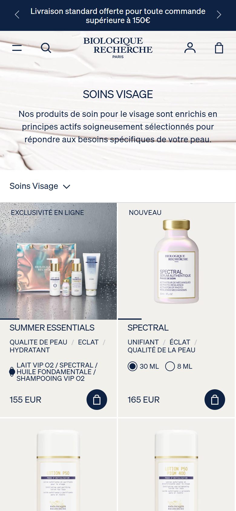 Biologique Recherche collection: soins visage on mobile, Shopify luxury beauty storefront captured at 390 x 844