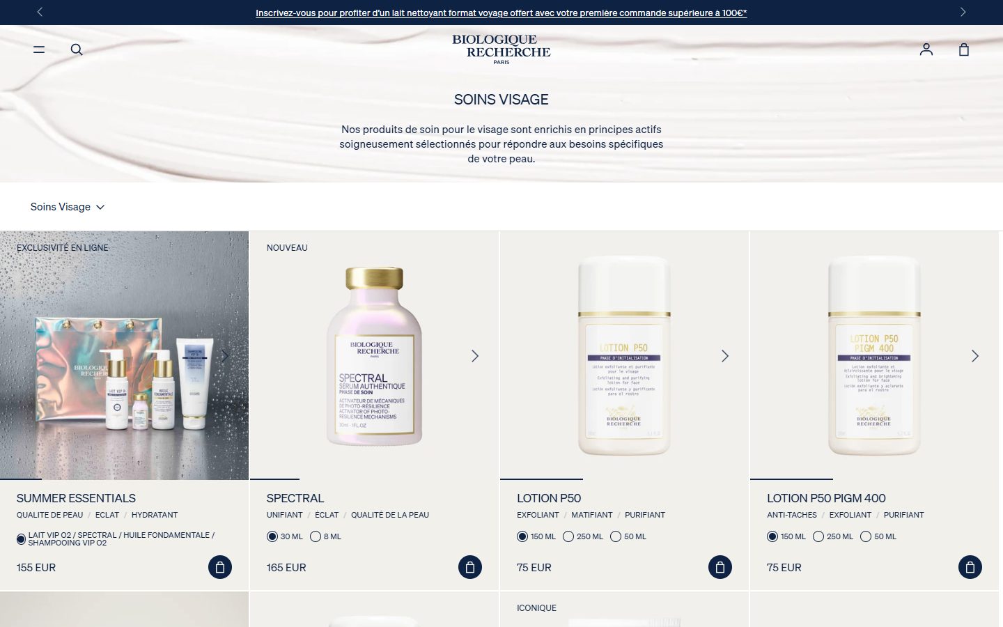 Biologique Recherche collection: soins visage on desktop, Shopify luxury beauty storefront captured at 1440 x 900