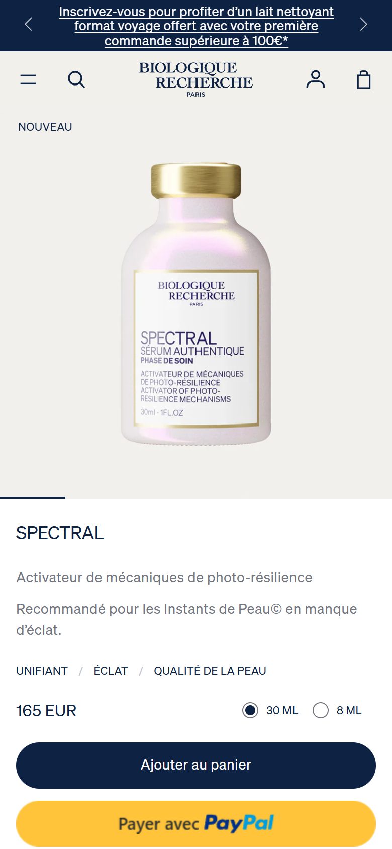Biologique Recherche product page on mobile, Shopify luxury beauty storefront captured at 390 x 844