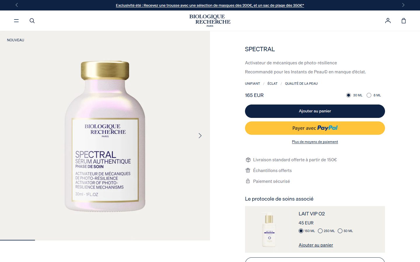 Biologique Recherche product page on desktop, Shopify luxury beauty storefront captured at 1440 x 900