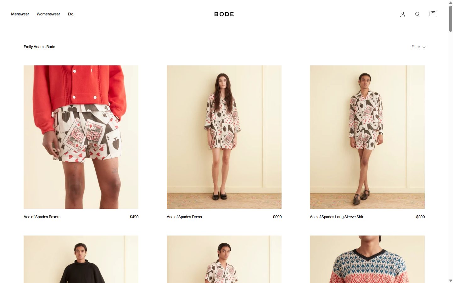 Bode collection: emily adams bode on desktop, not disclosed luxury fashion storefront captured at 1440 x 900