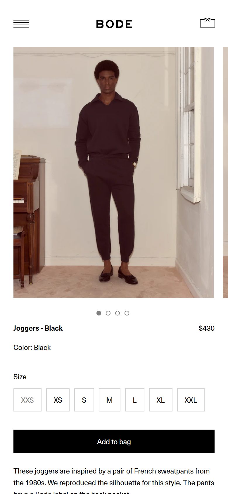 Bode product page on mobile, not disclosed luxury fashion storefront captured at 390 x 844