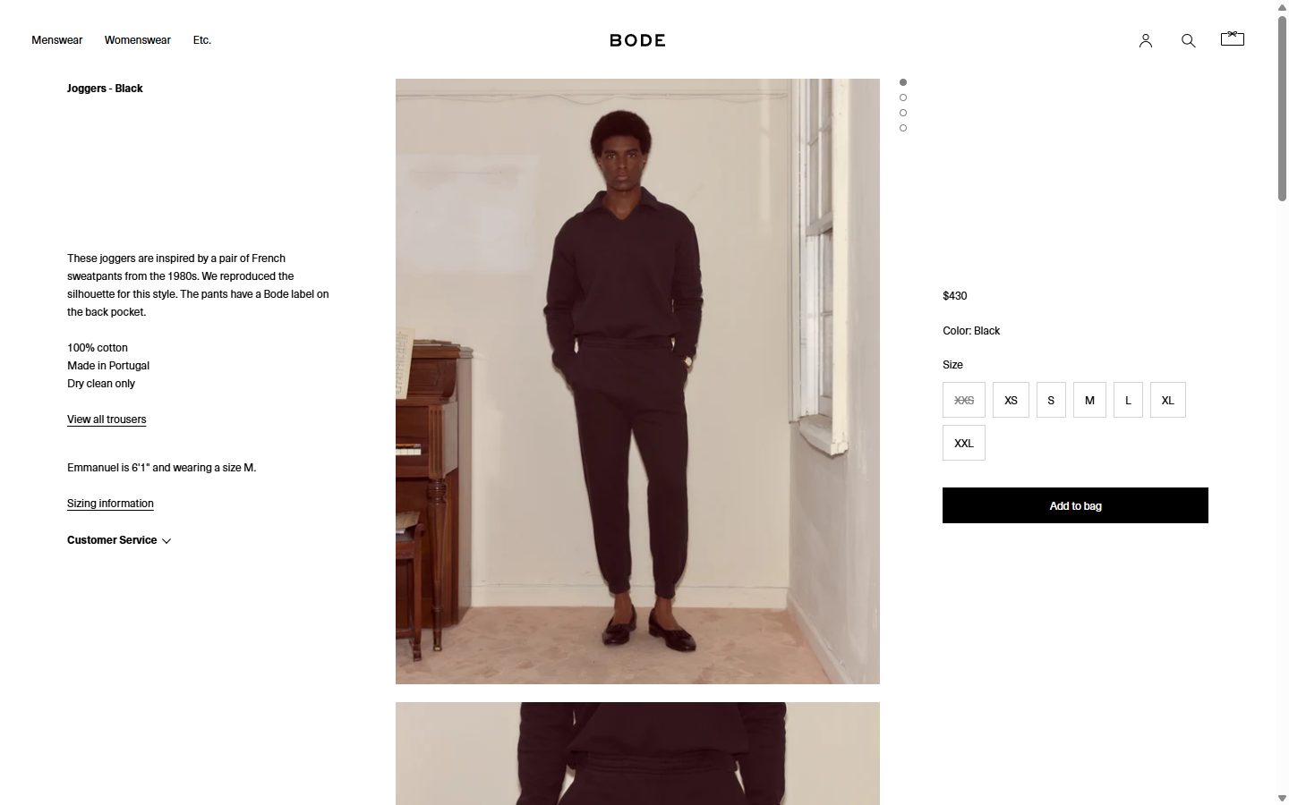 Bode product page on desktop, not disclosed luxury fashion storefront captured at 1440 x 900