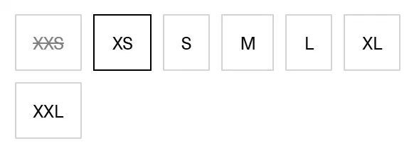 Bode size selector photographed on its product page, 7 values as a radio list with text labels