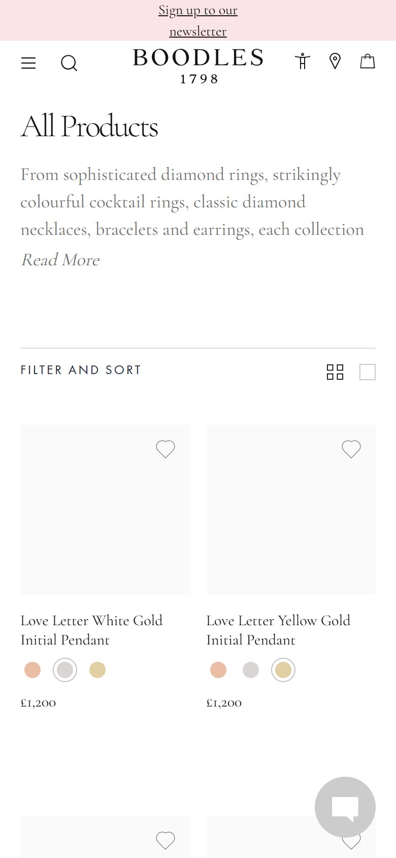 Boodles collection: all products on mobile, not disclosed luxury jewelry storefront captured at 390 x 844