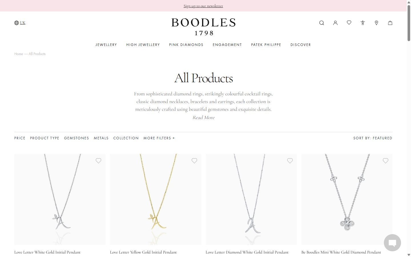 Boodles collection: all products on desktop, not disclosed luxury jewelry storefront captured at 1440 x 900