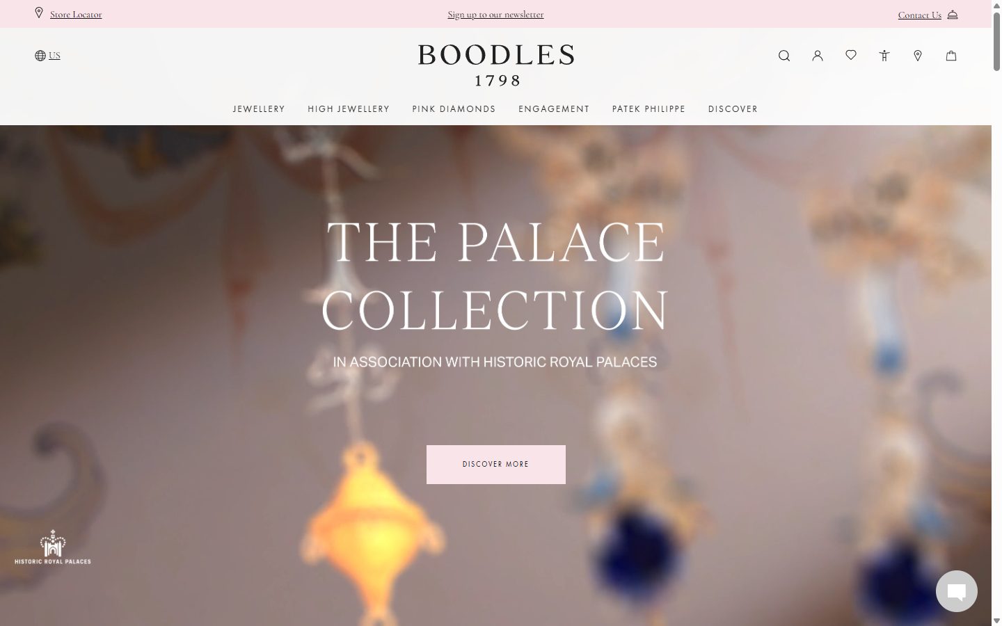 Boodles homepage on desktop, not disclosed luxury jewelry storefront captured at 1440 x 900