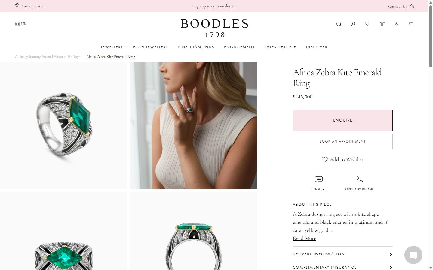 Boodles product page on desktop, not disclosed luxury jewelry storefront captured at 1440 x 900