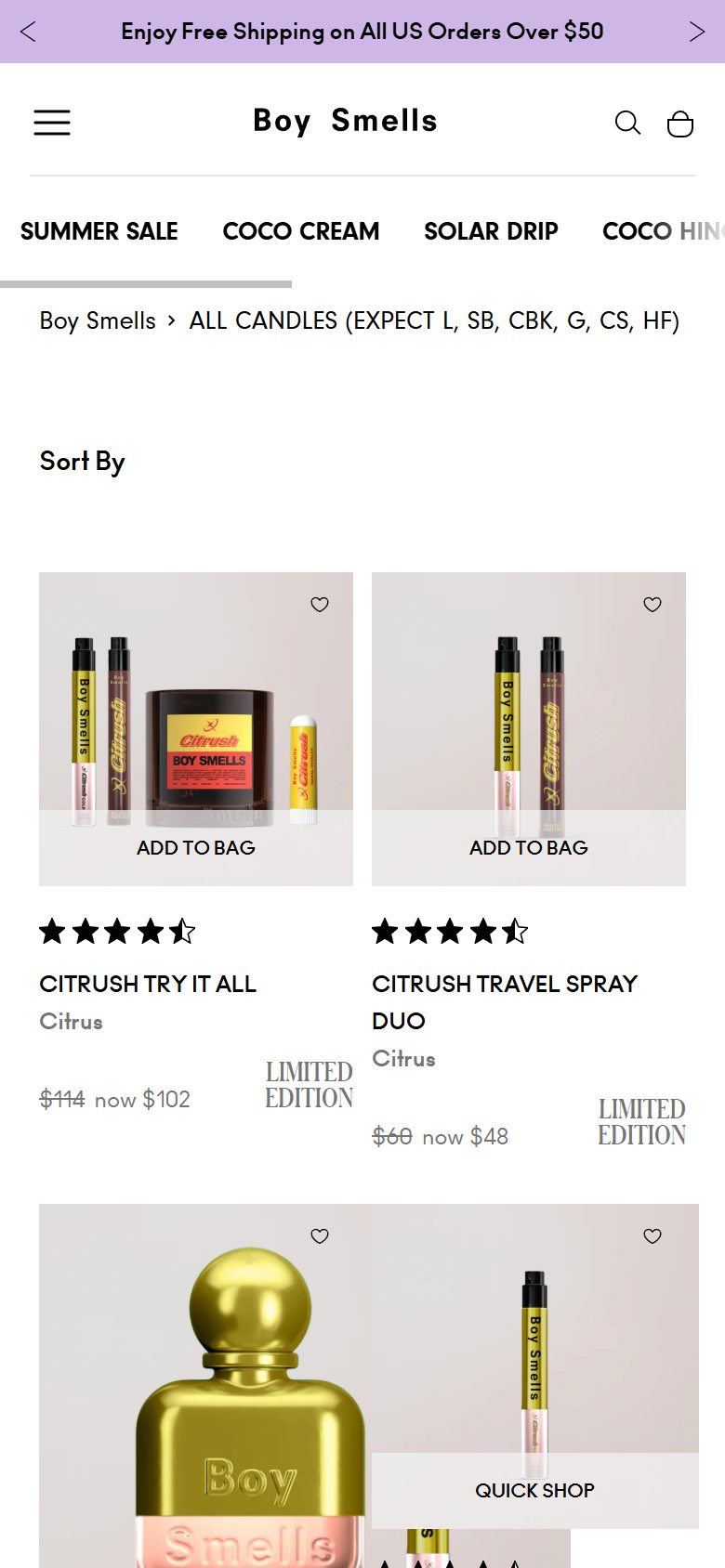 Boy Smells collection: all candles (expect l, sb, cbk, g, cs, hf) on mobile, Shopify luxury beauty storefront captured at 390 x 844