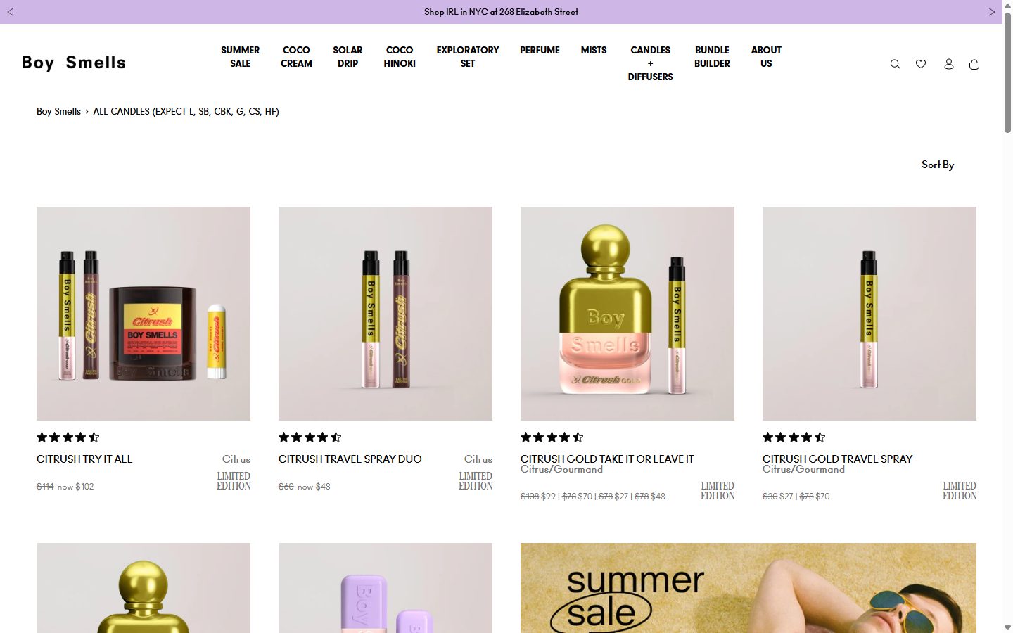 Boy Smells collection: all candles (expect l, sb, cbk, g, cs, hf) on desktop, Shopify luxury beauty storefront captured at 1440 x 900