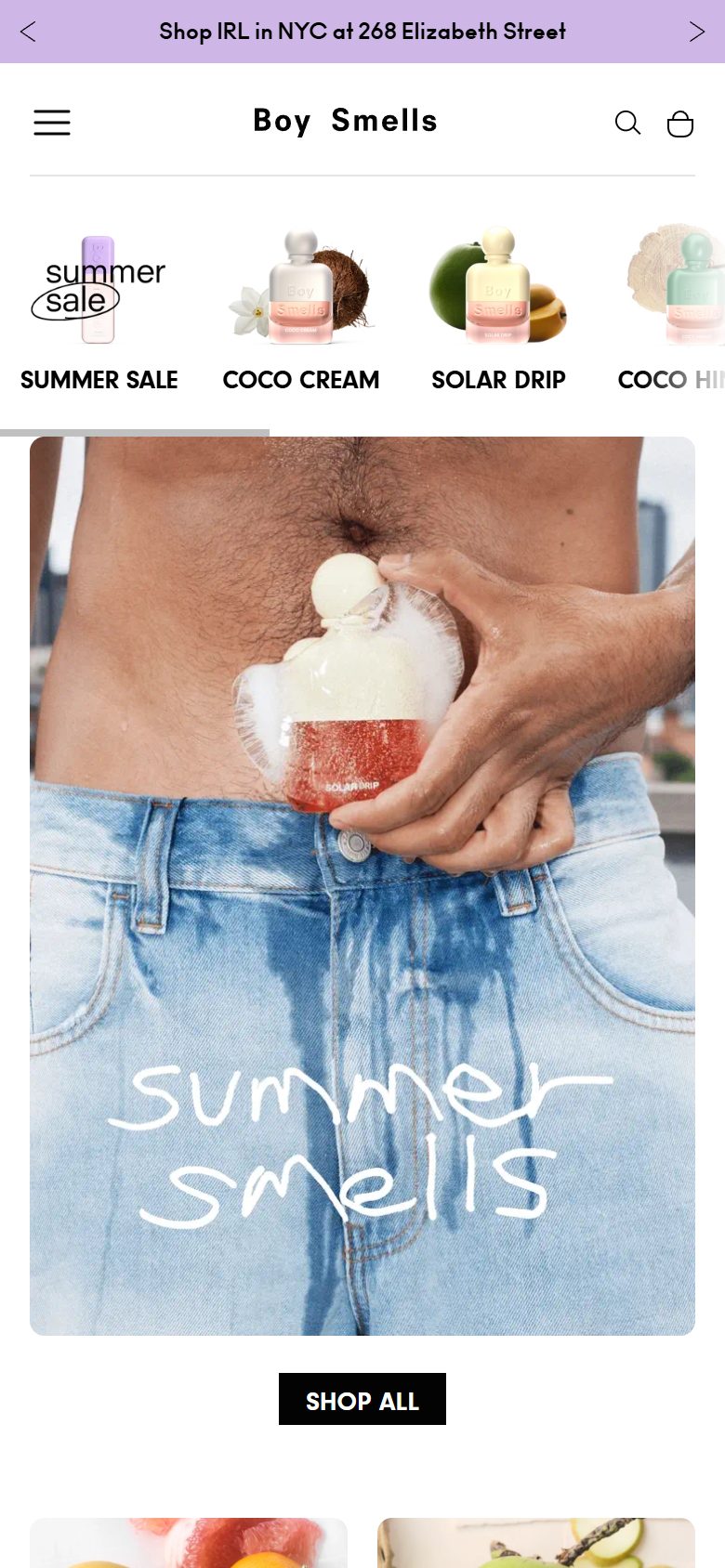 Boy Smells homepage on mobile, Shopify luxury beauty storefront captured at 390 x 844