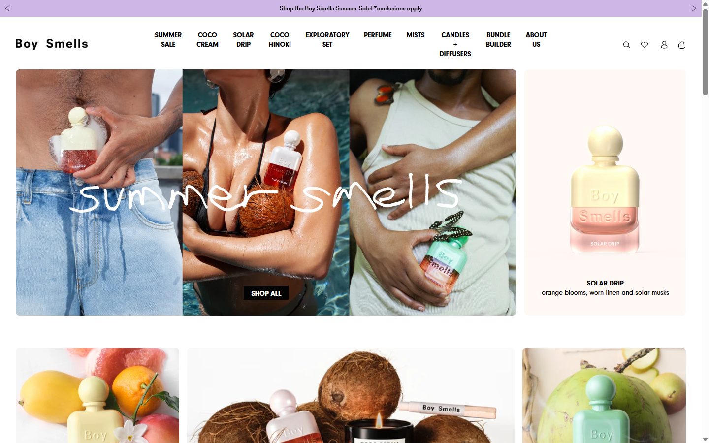 Boy Smells homepage on desktop, Shopify luxury beauty storefront captured at 1440 x 900