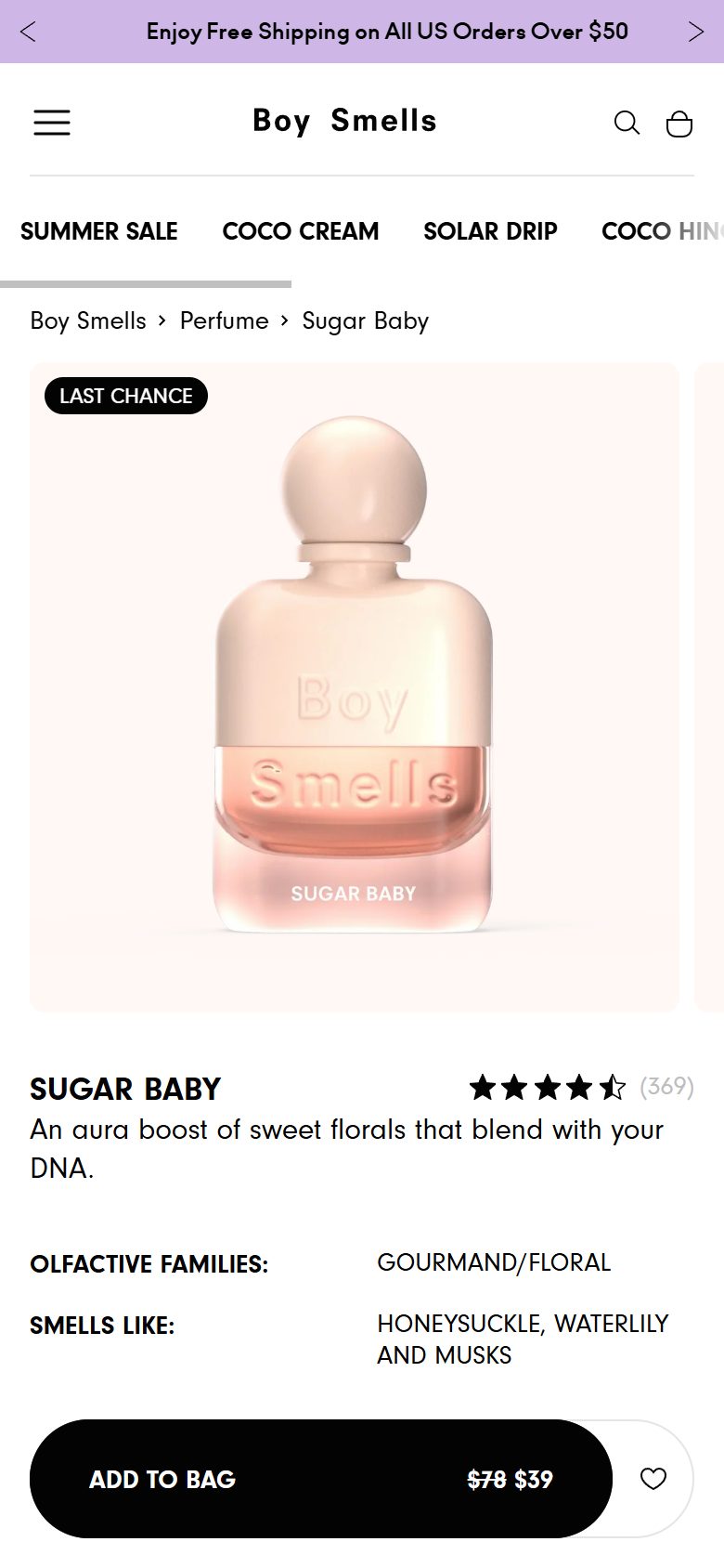 Boy Smells product page on mobile, Shopify luxury beauty storefront captured at 390 x 844