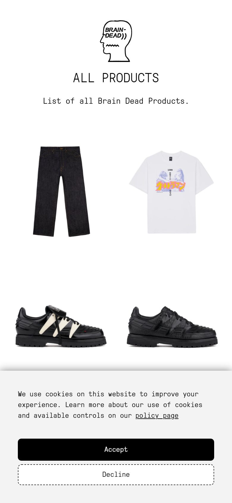 Brain Dead collection: all products on mobile, Shopify luxury fashion storefront captured at 390 x 844