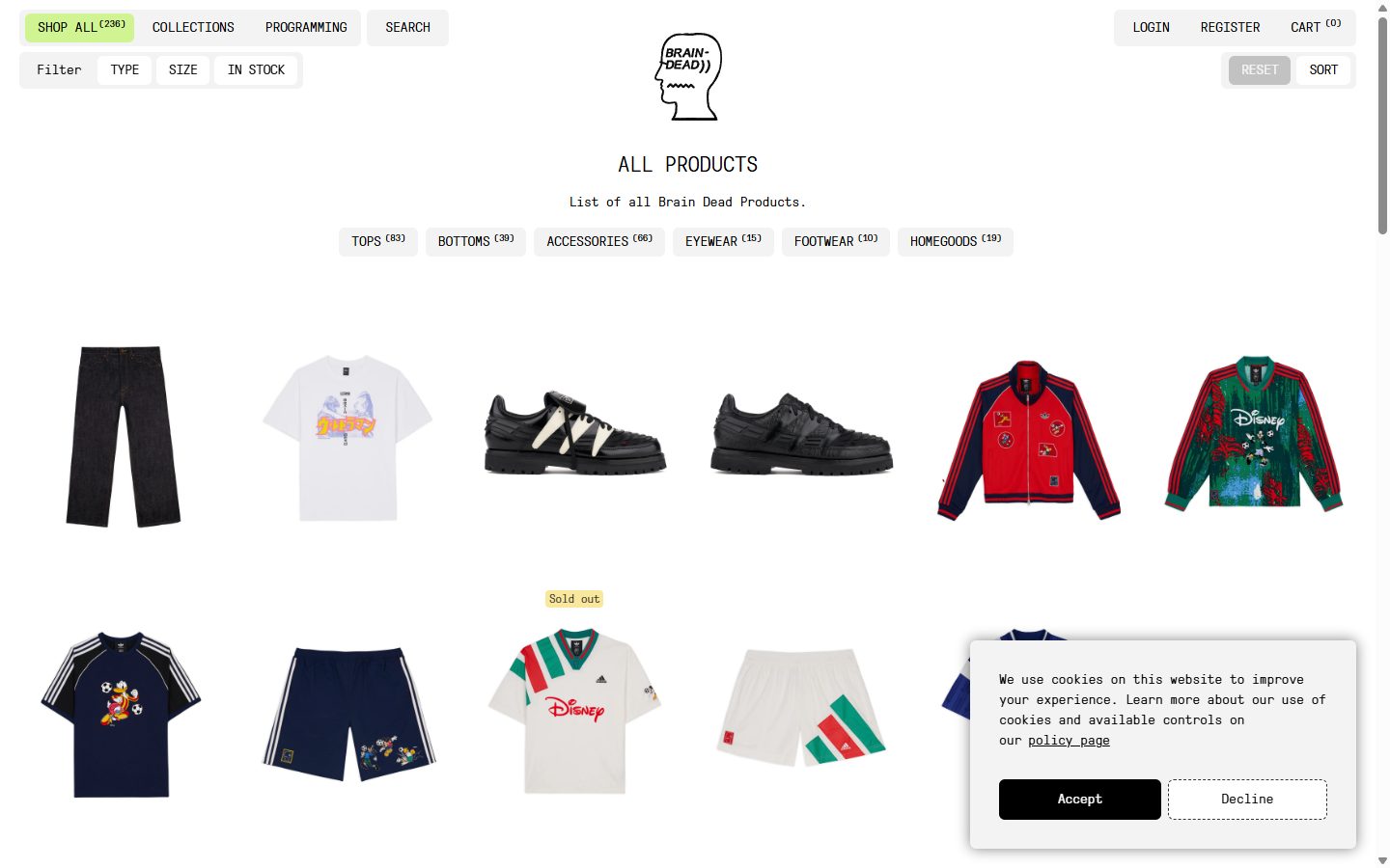 Brain Dead collection: all products on desktop, Shopify luxury fashion storefront captured at 1440 x 900