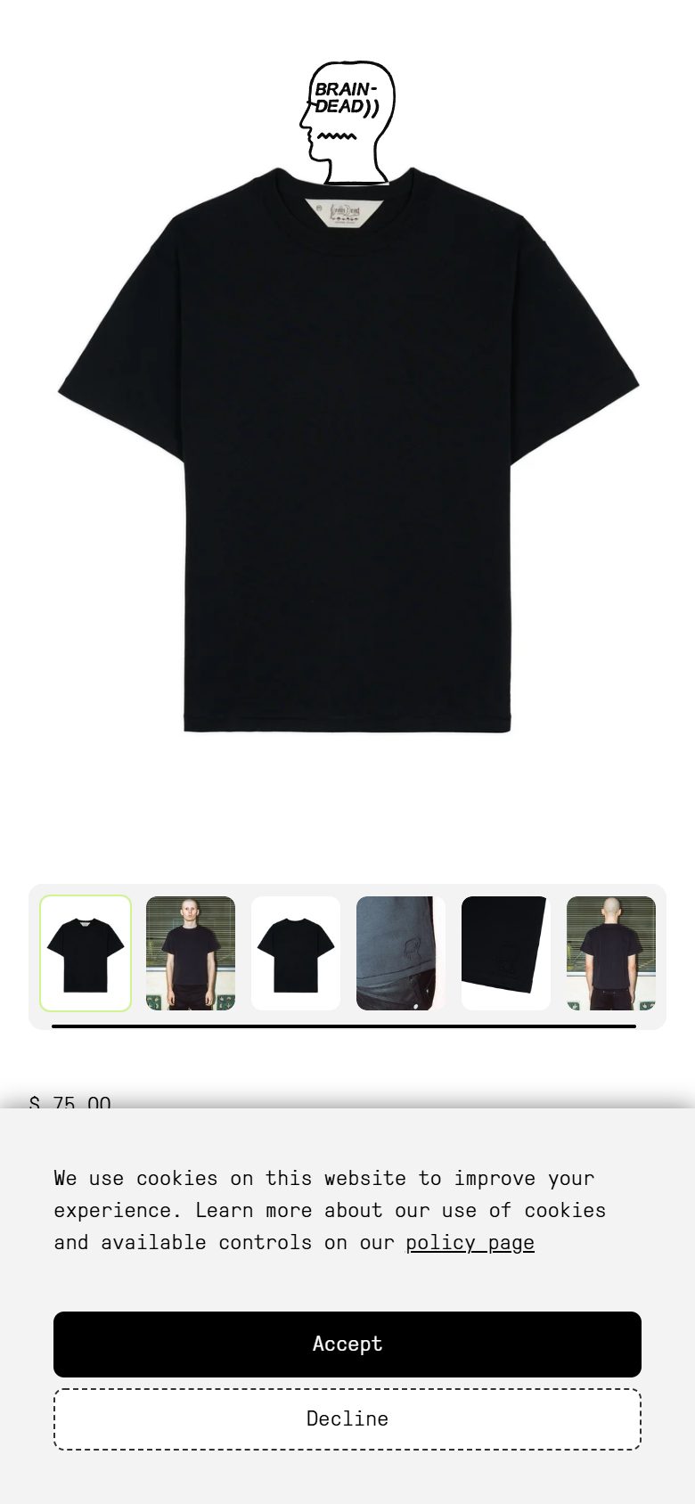 Brain Dead product page on mobile, Shopify luxury fashion storefront captured at 390 x 844