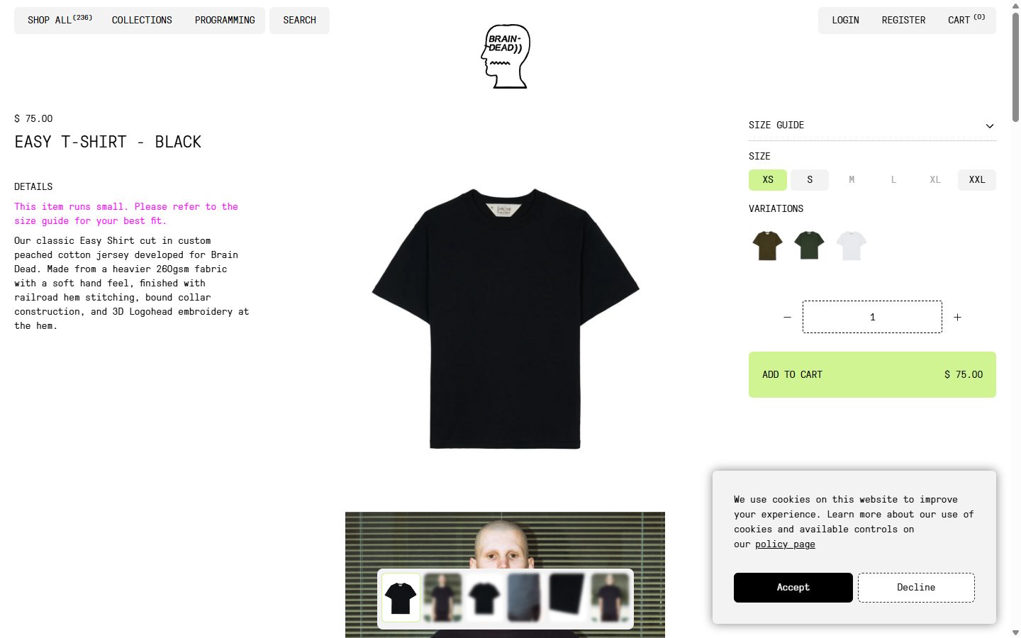 Brain Dead product page on desktop, Shopify luxury fashion storefront captured at 1440 x 900
